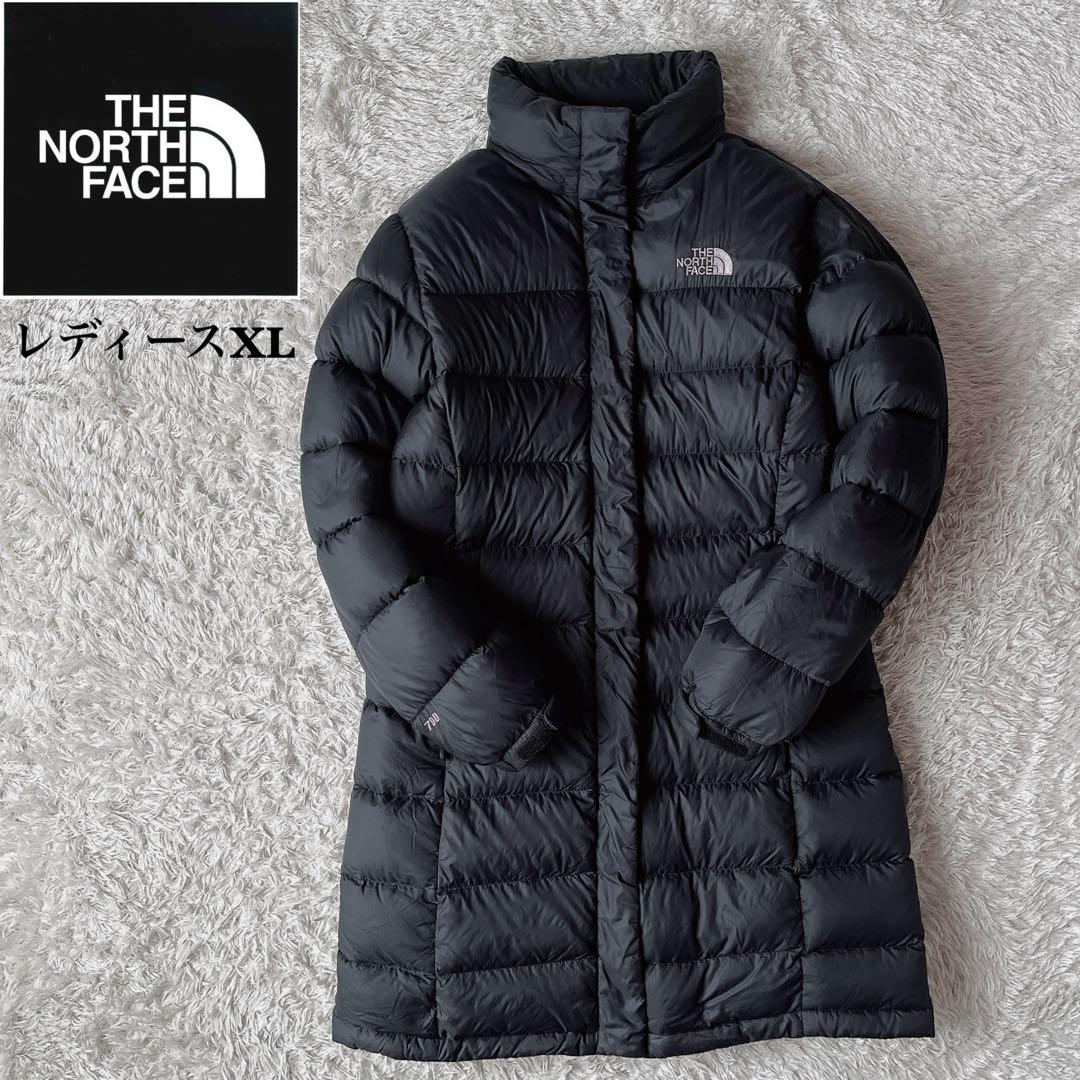 ノースフェイス ダウンコート ダウンジャケット ロゴ刺繍 黒ブラック ひざ丈L・THE NORTH FACE