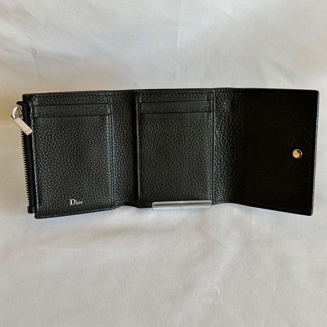 【人気】ディオール　Dior 財布　三つ折り　カーフレザー　革　黒　ブラック