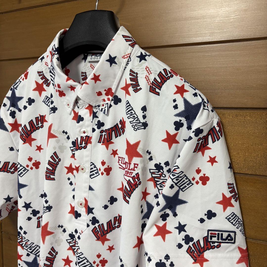 ✨未使用級/現行/LL✨フィラゴルフ ポロシャツ 総柄 エンブレム 吸汗速乾 未使用サイズLL/FILA GOLF総柄プリント/吸水速乾/半袖BD
