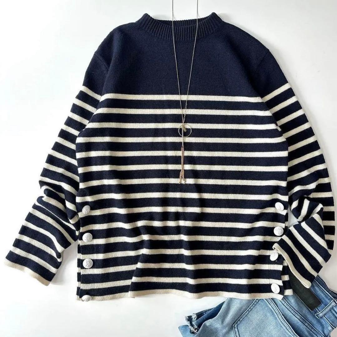 美品⁑ドゥロワー　カシミヤ100%ニットプルオーバー　ネイビー×ホワイトボーダー