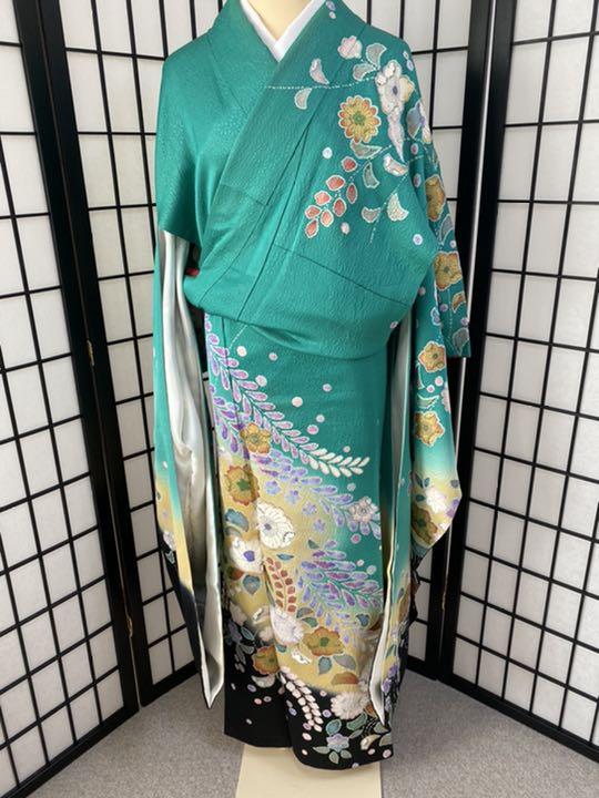 辻が花柄付きお振袖 エメラルドグリーン 身丈長め 美品