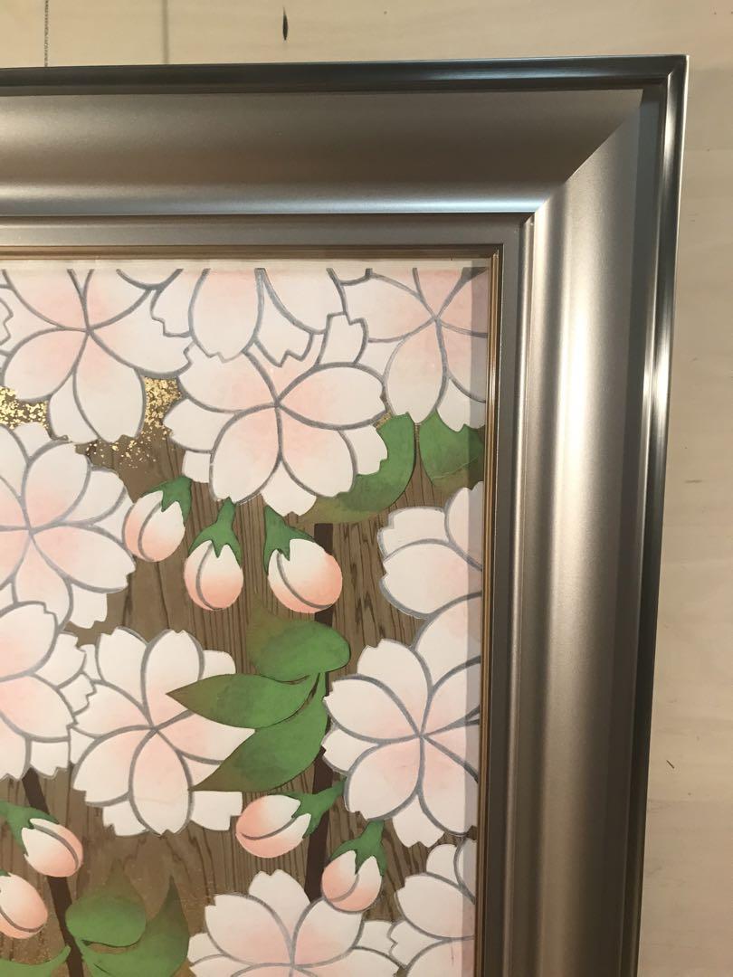 柔らかい 橋本明治 刷り込みサイン・作品証明 木版画 「杉戸絵・桜」 版画