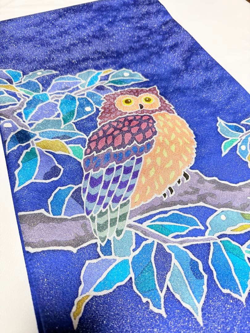 高級 袋帯正絹 お太鼓柄 金通し ブルー 青色 フクロウ ミミズク 洒落帯 友禅 高級 袋帯正絹 お太鼓柄 金通し ブルー 青色 フクロウ ミミズク 洒落帯 友禅