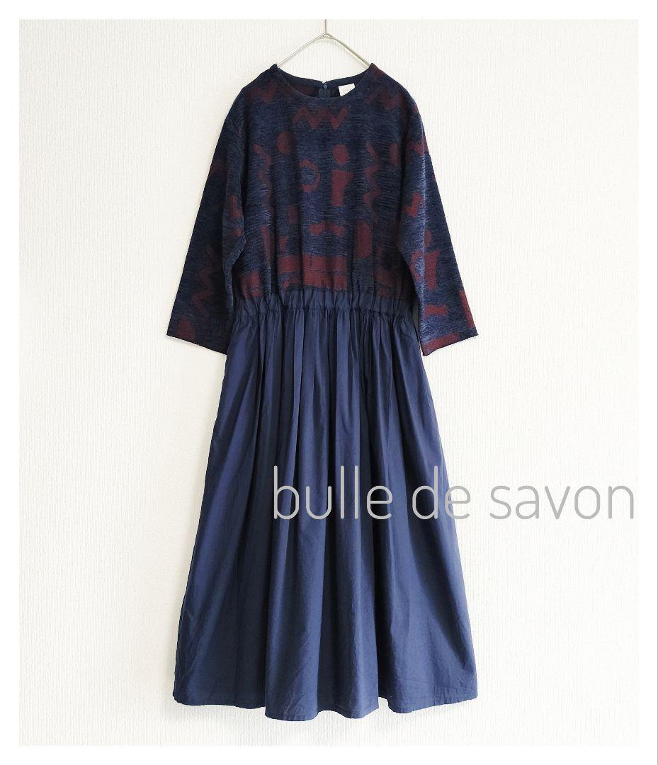 bulle de savon 異素材ワンピース ウエスト切替ワンピース ニット