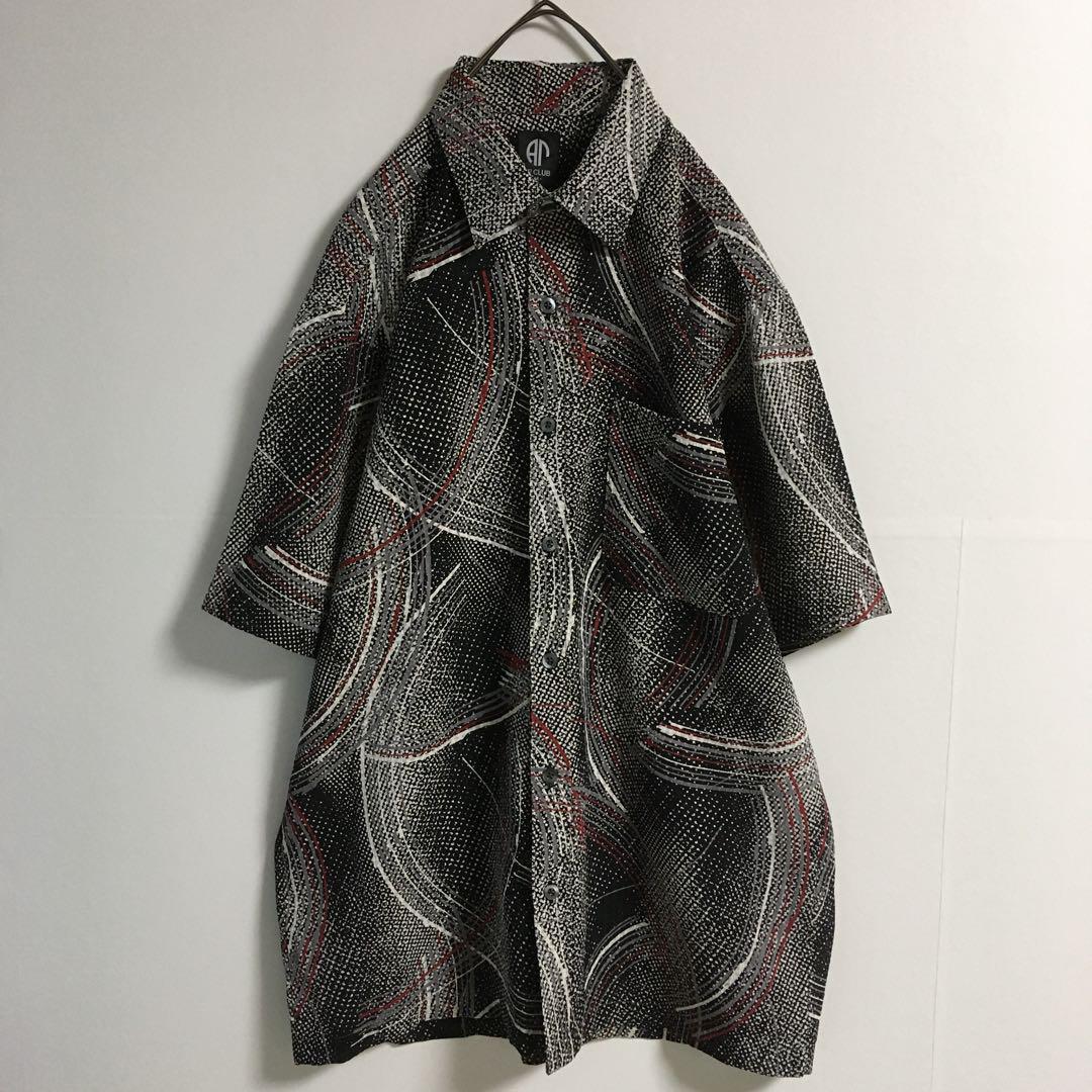 80s〜90s 古着 和柄 抽象的スパイラル ドット 総柄 ポリシャツ 黒 白