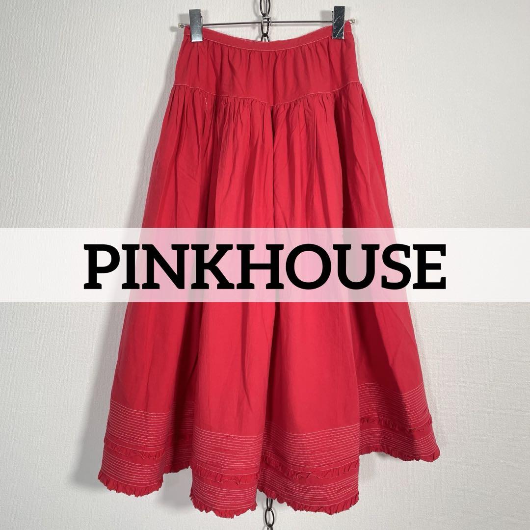 PINKHOUSE 裾フリル ローンミディスカート プリーツ コットン レッド赤