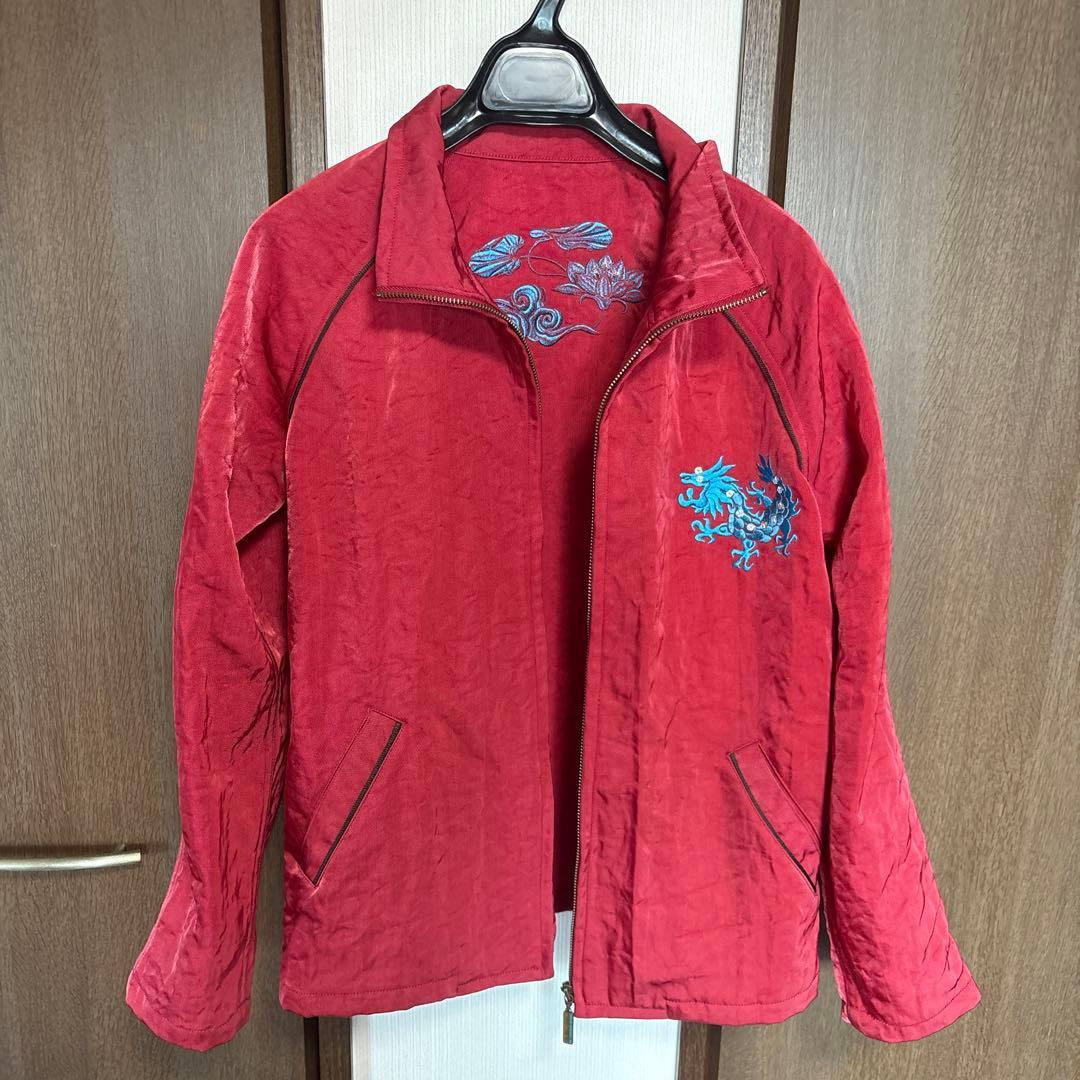 ジャケット 赤色 青い刺繍　短丈　ストリートシック　ストリート　80s
