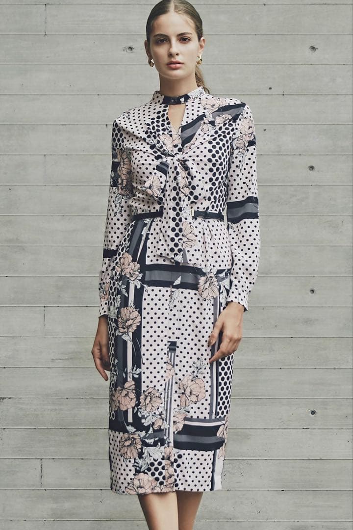 【新品】ピンキー＆ダイアン◆ラインブロックフラワープリントワンピース ピンク36