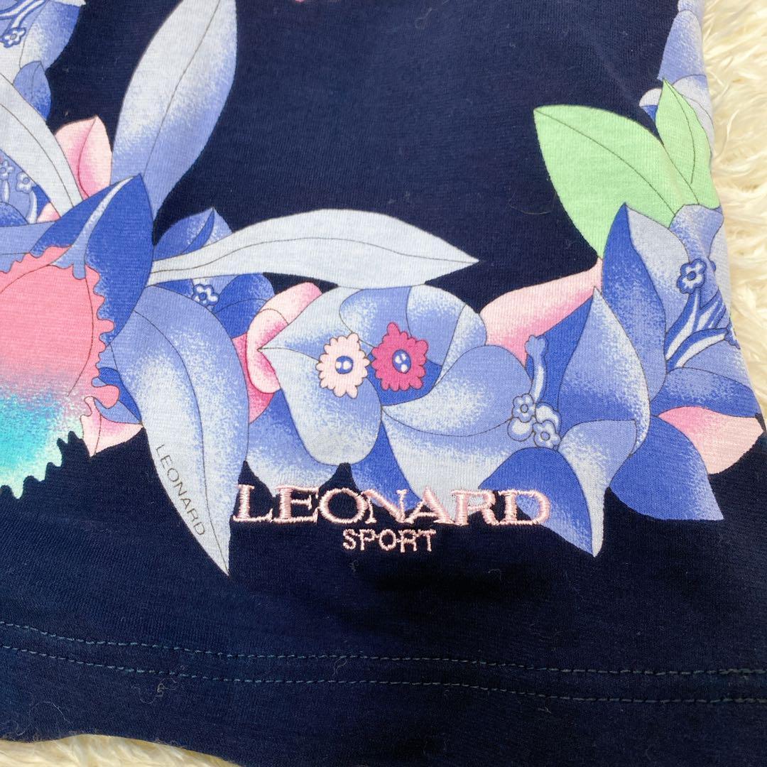 美品 レオナールスポーツ カットソー 半袖 トリム 花柄 ネイビー ピンク L