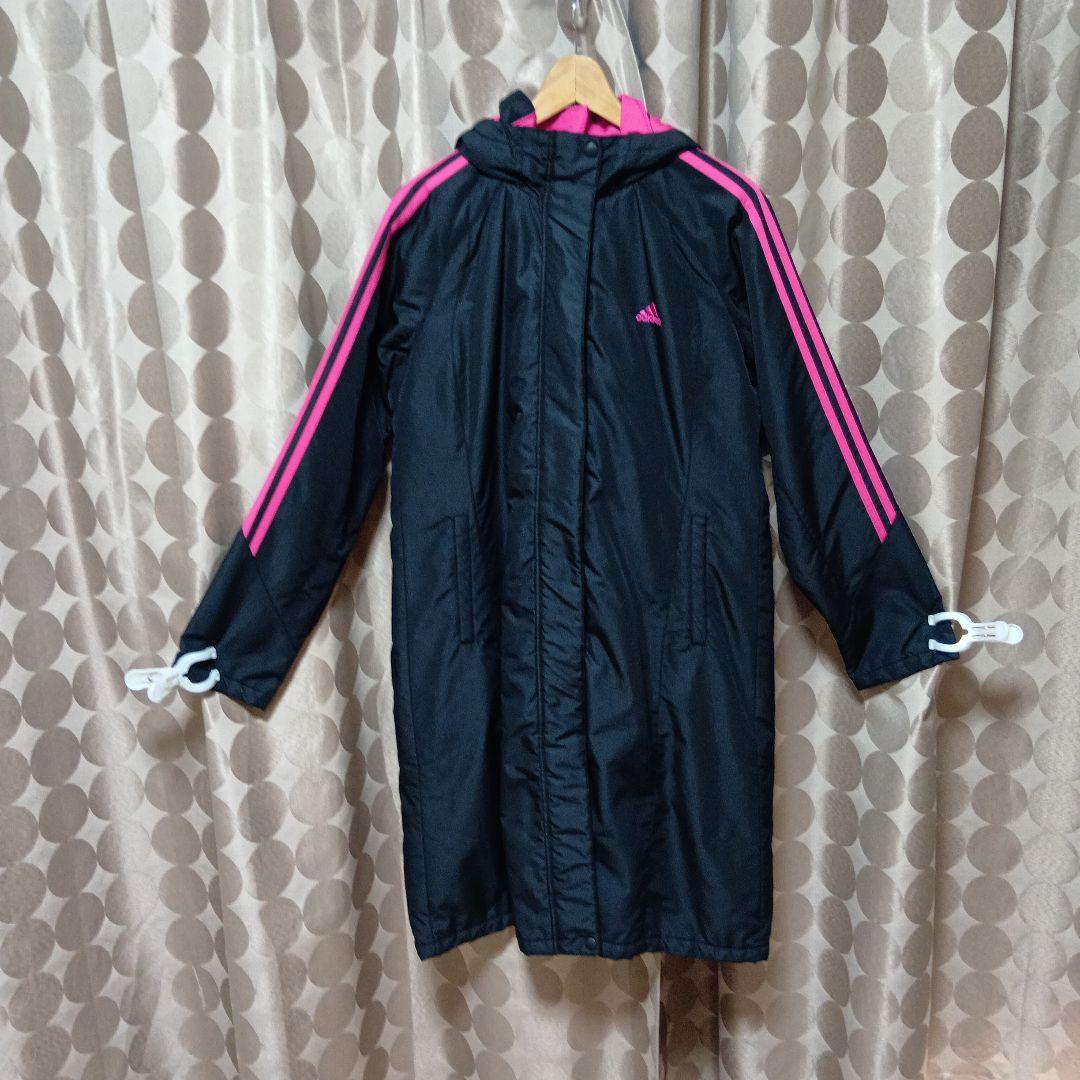 【美品】adidasアディダス フード付きベンチコート ブラック/ピンク OT