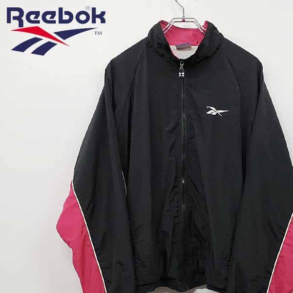 90s 古着】リーボック 刺繍ロゴ ナイロンジャケット ブラック×ピンク