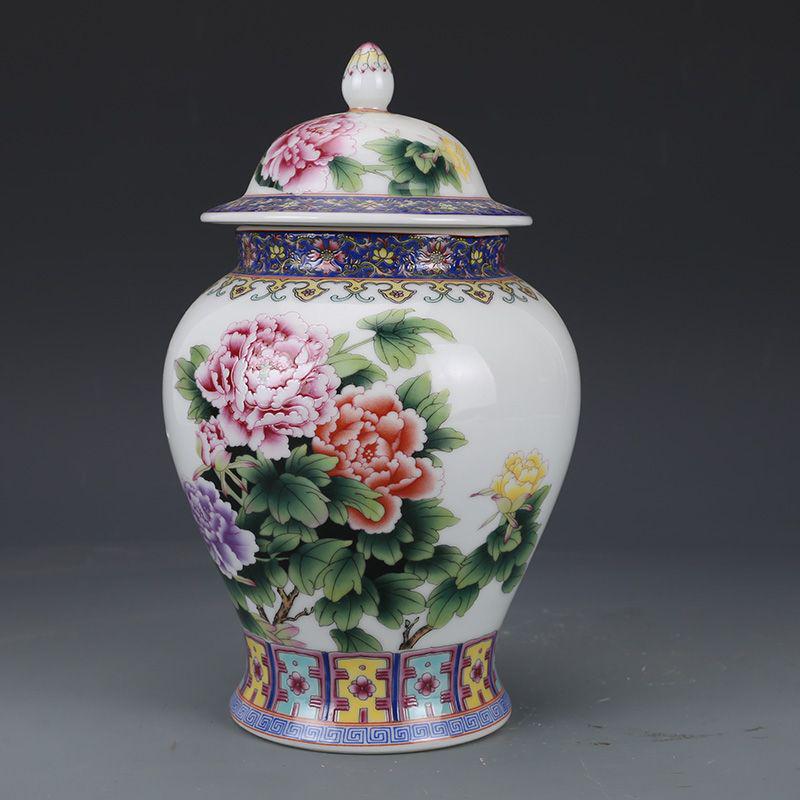 パステル牡丹国色天香蓋缶 陶磁器 現代工芸品 美術品 装飾品 置物