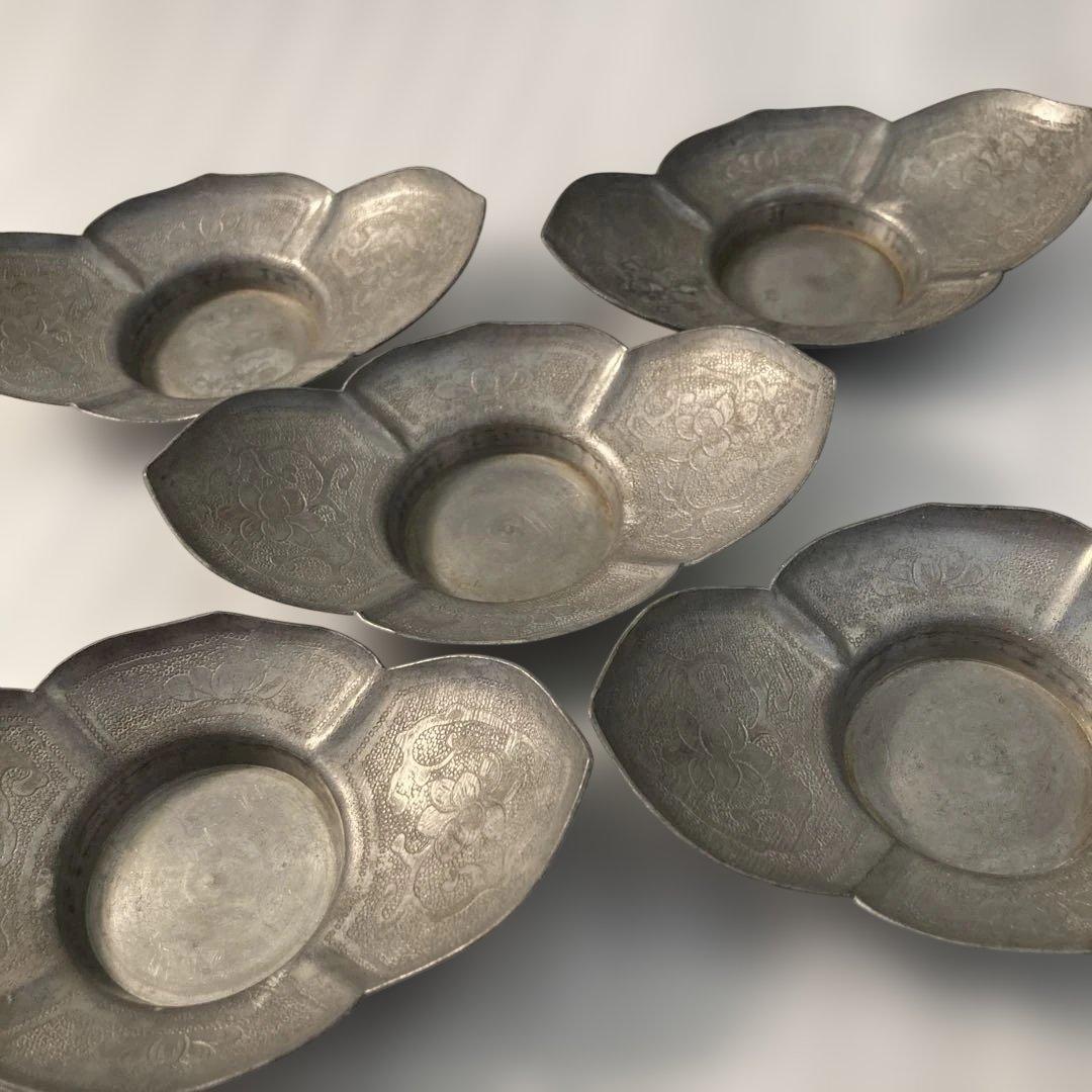 周聚源造 古錫製 茶托5客やや傷や汚れあり