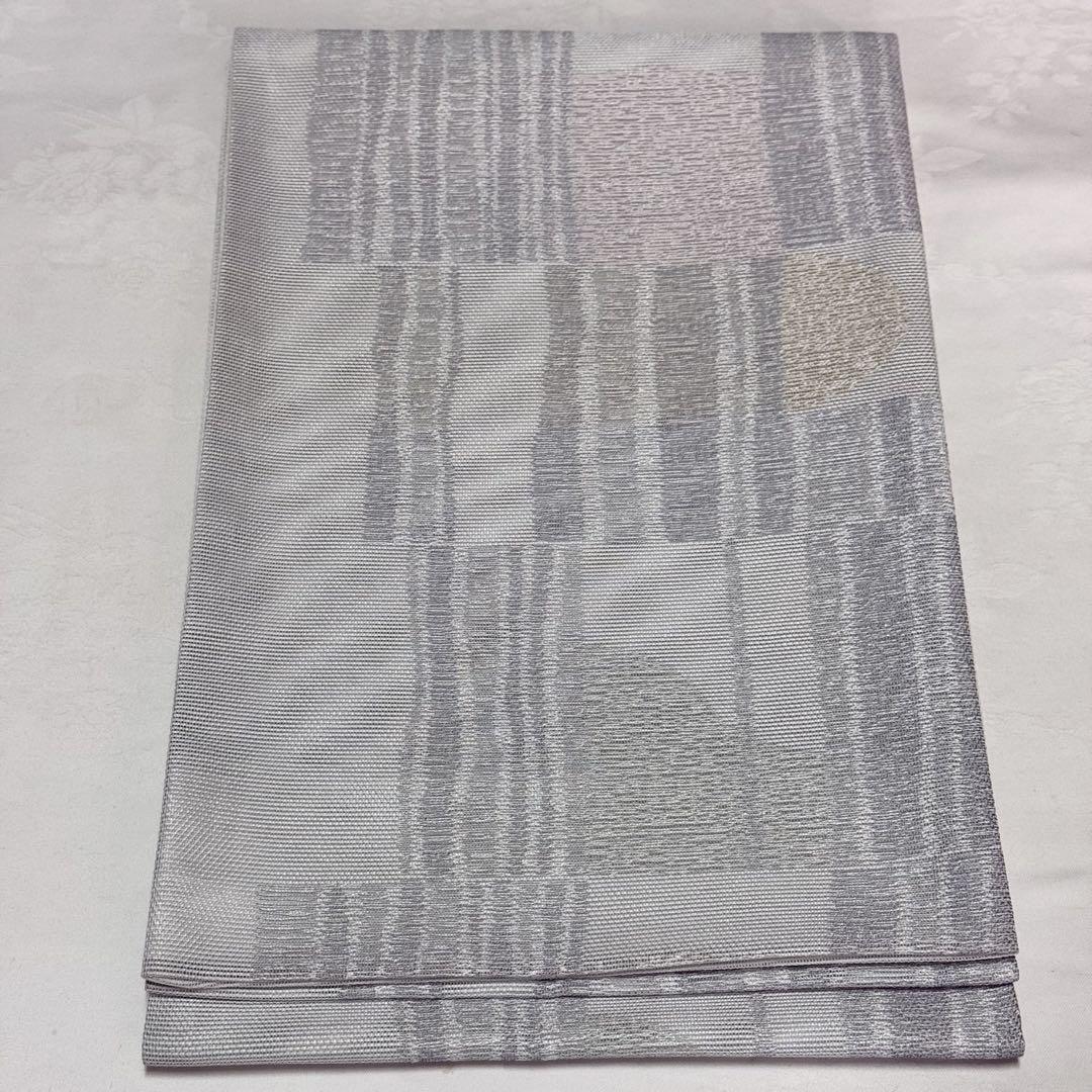 【名古屋帯】夏帯　開き仕立て　洗える　薄物　盛夏 ライトグレー　薄灰色　モダン