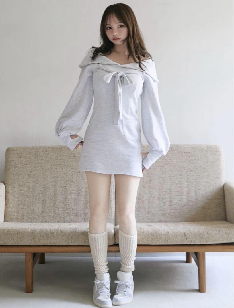 andmary Manon ribbon mini dress gray ワンピ