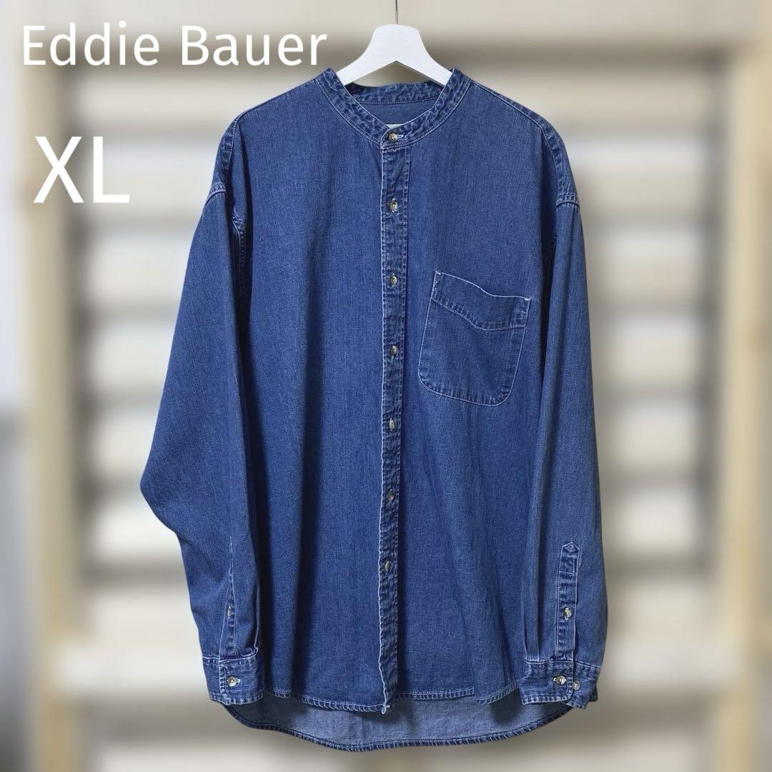 90s Eddie Bauer 白タグ デニムバンドカラーシャツ XL