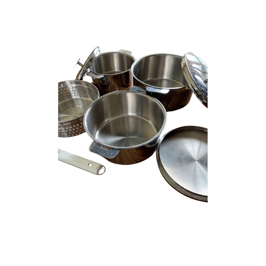 ステンレススチール”大中小片手鍋、蒸し器セット(大) ステンレススチール”大中小片手鍋、蒸し器セット(大)