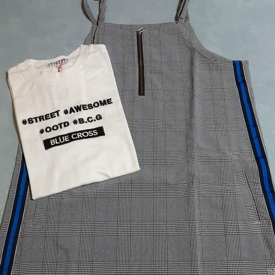 サイドライン入りチェック柄キャミワンピース&ロゴTシャツセット