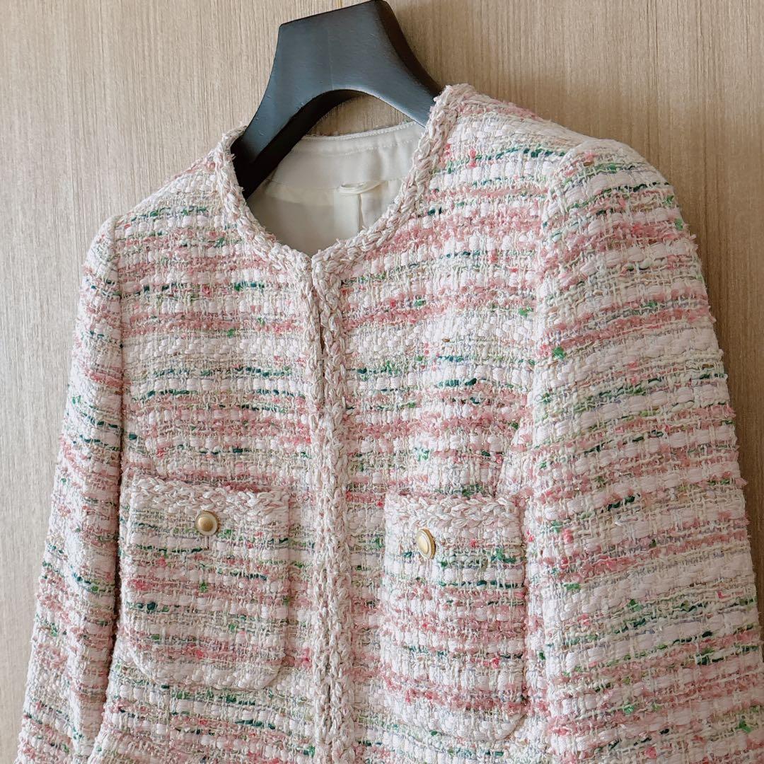 【1116】美品　アナイ　ファンシーツイードクルー　ジャケット　ピンク　36