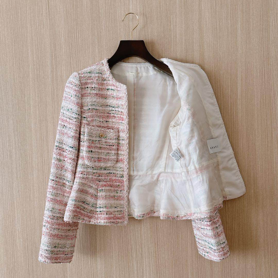 【1116】美品　アナイ　ファンシーツイードクルー　ジャケット　ピンク　36