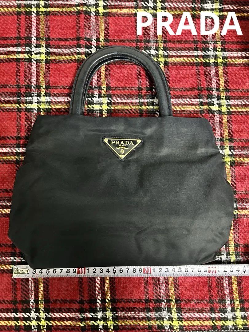 PRADA レザー×ナイロン ハンドバッグ デカロゴ ネイビー　オールドプラダ
