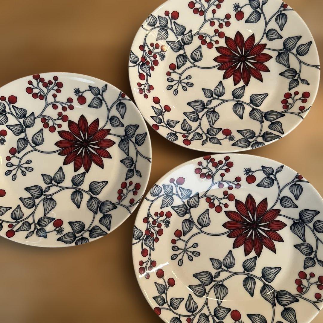 赤い花模様の陶器皿 3枚セット