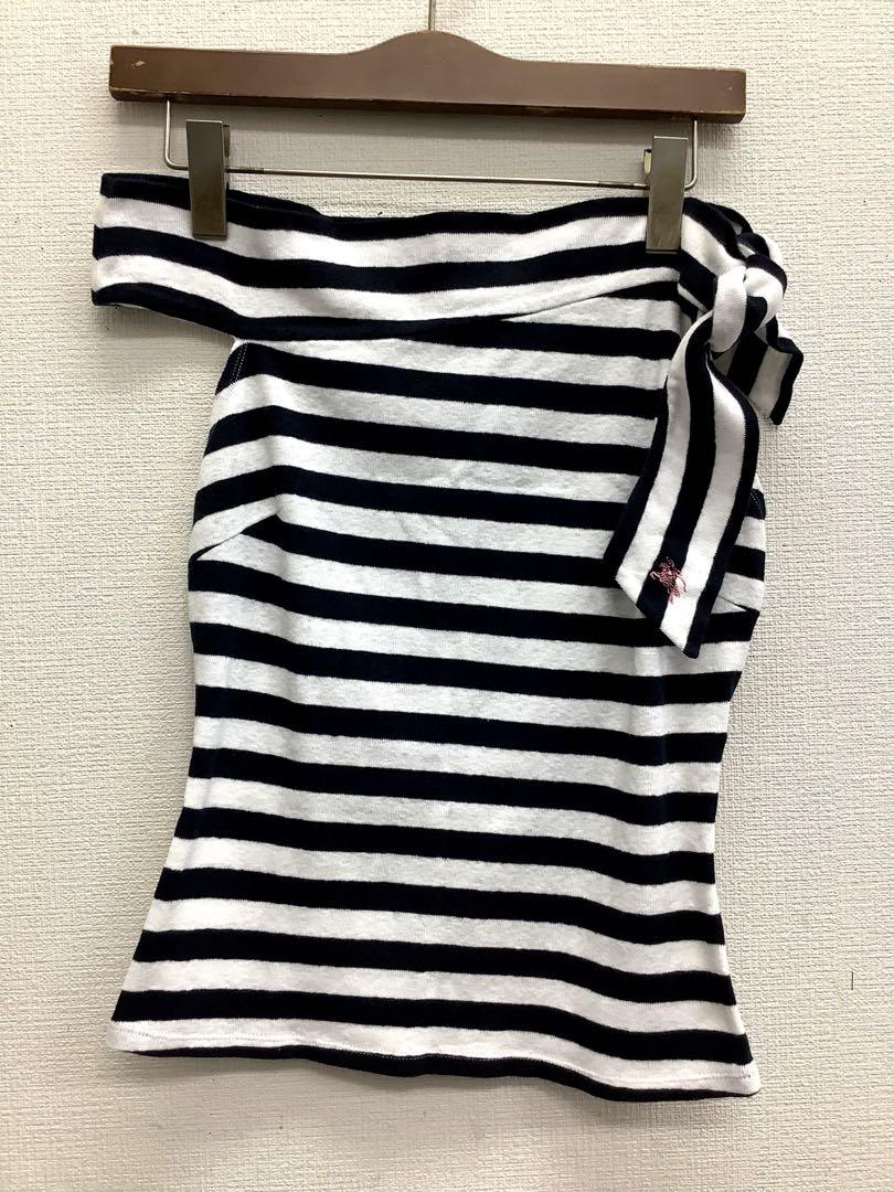 バーバリーブルーレーベル ボーダー オフショル カット ネイビー ホワイトM