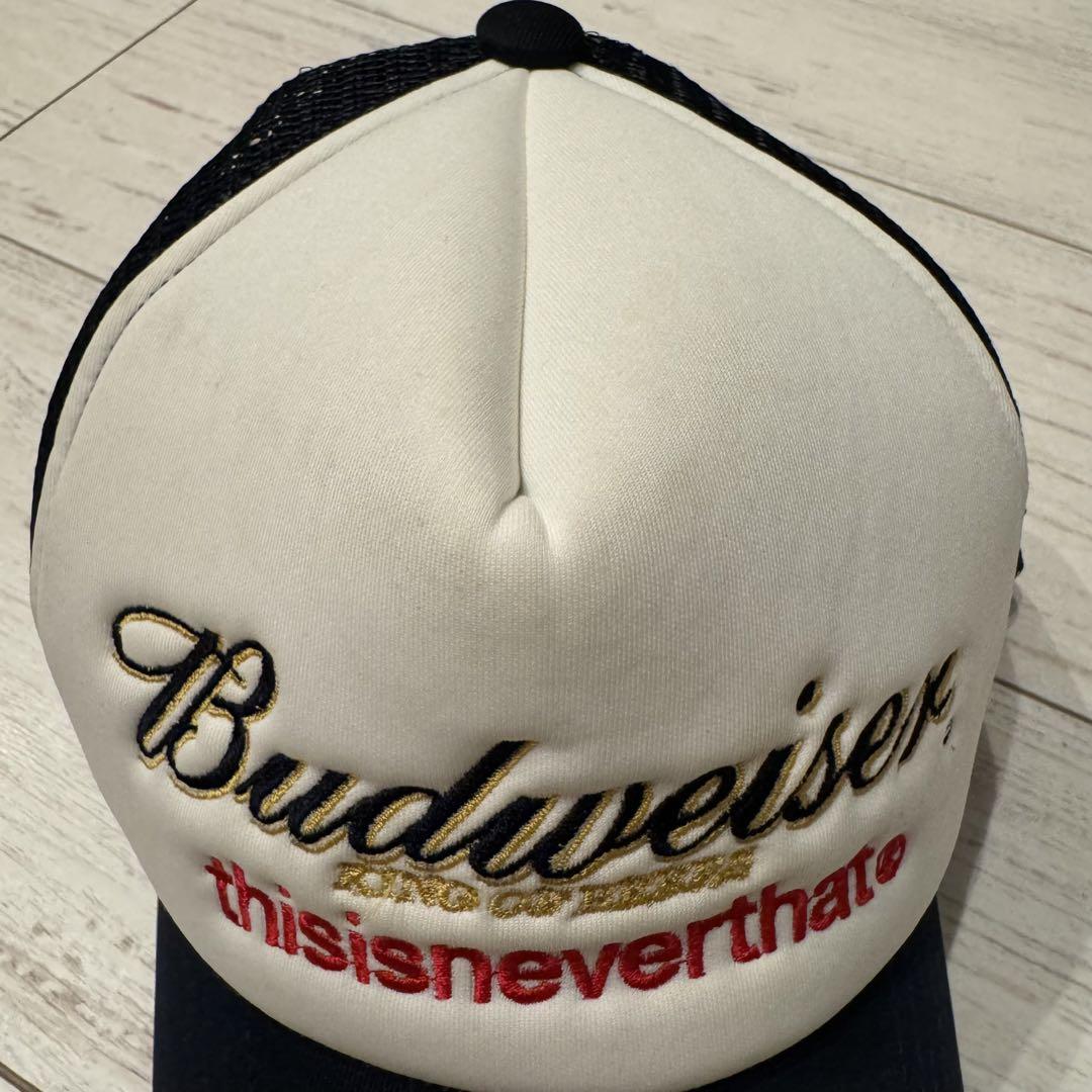店内商品がすべてレジにて半額！！ thisisneverthat Budweiser コラボ ネバザ キャップ - メルカリ 帽子