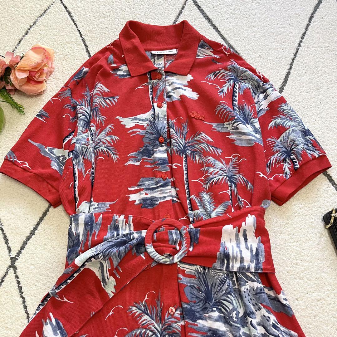 【美品】ラコステ ポロシャツワンピース ボタニカル柄 ベルト フラワー花柄 半袖 美品】ラコステ ポロシャツワンピース ボタニカル柄 ベルト