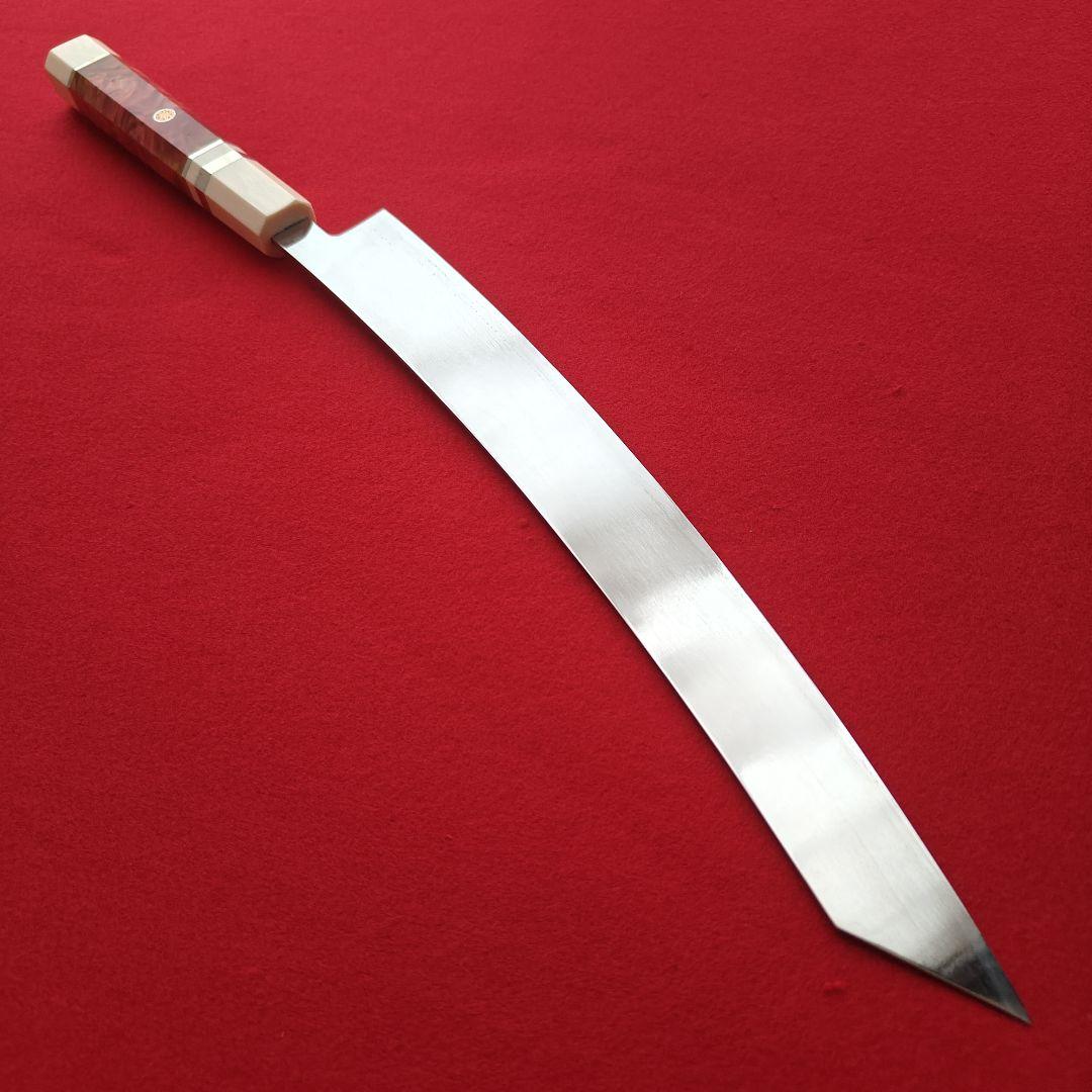 新品 VG10本焼き鏡面 鬼反り 切り付け柳刃包丁 人工象牙 画像2