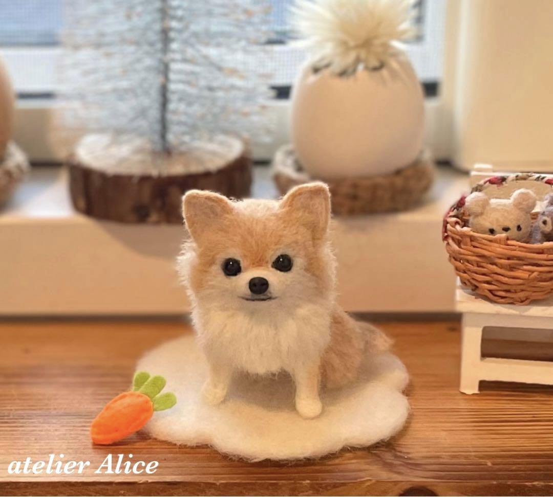 チワワ　羊毛フェルト　3点セット　ハンドメイド　レッド　クリーム　置物