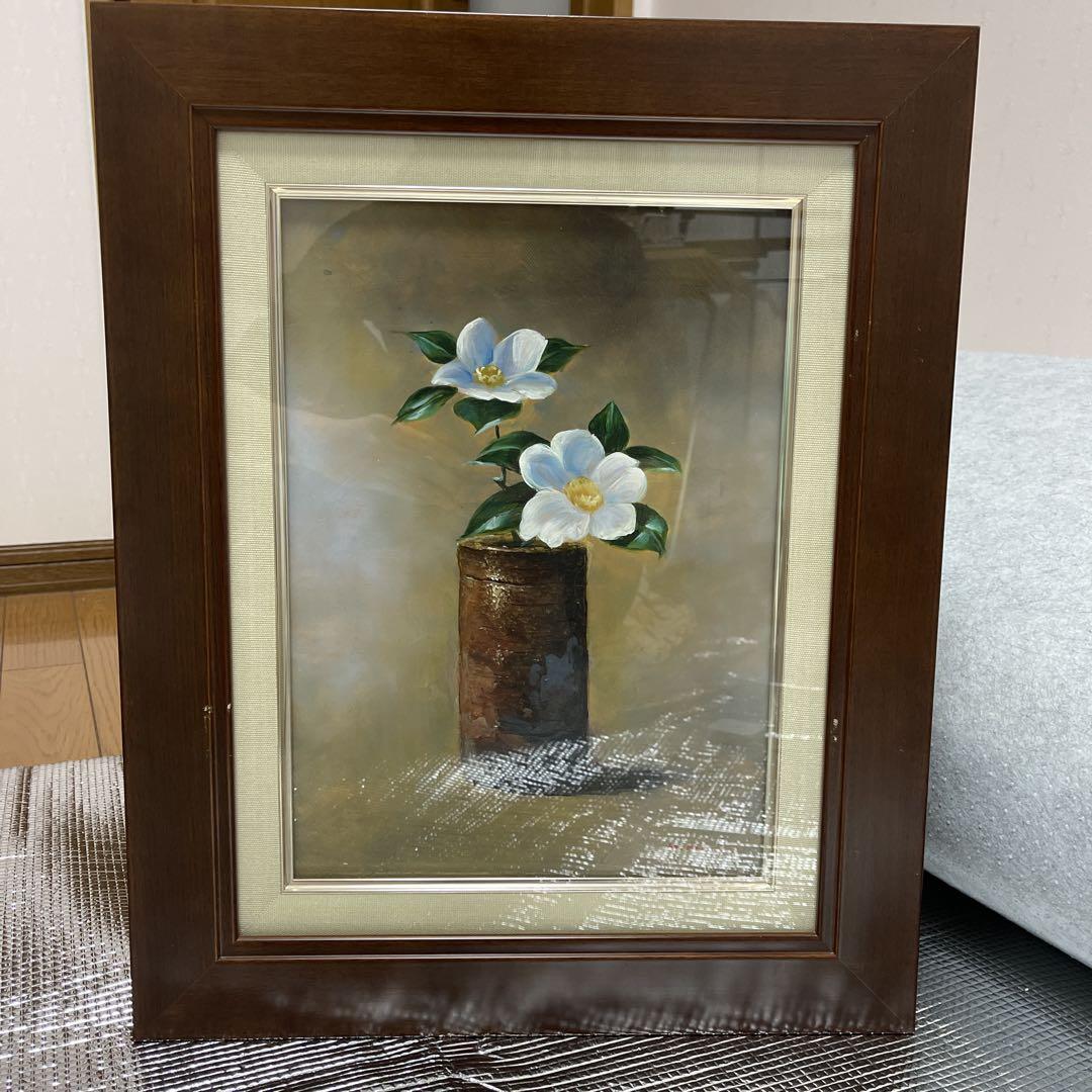 森久　油彩画 備前焼と椿　アンティーク　絵画　花 森久油彩画 備前焼と椿アンティーク絵画花