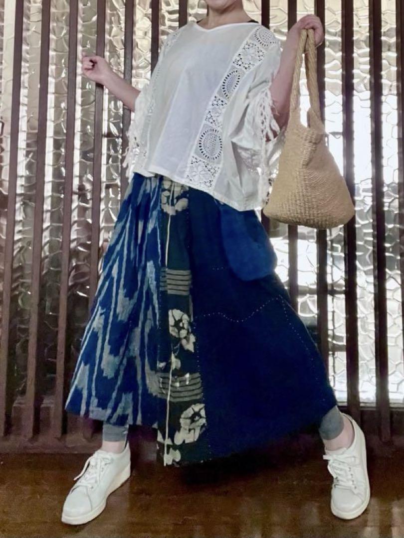 ⭐️古布・藍染木綿絣の襤褸×タックスカート