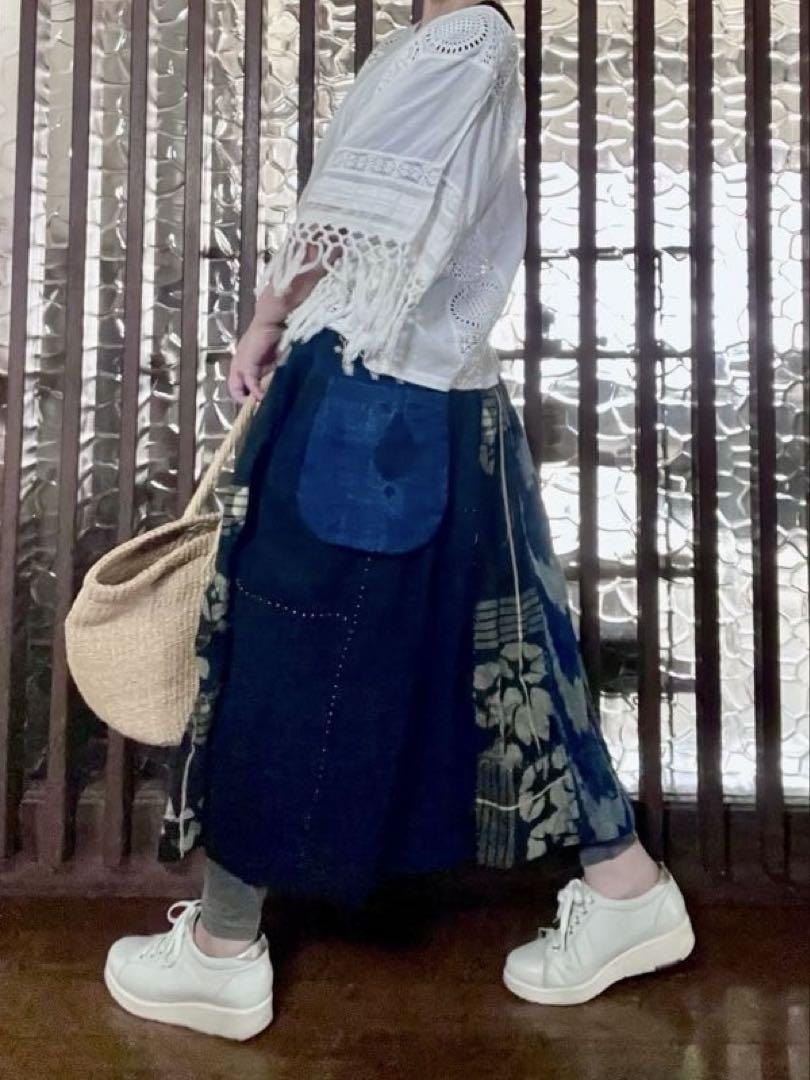⭐️古布・藍染木綿絣の襤褸×タックスカート