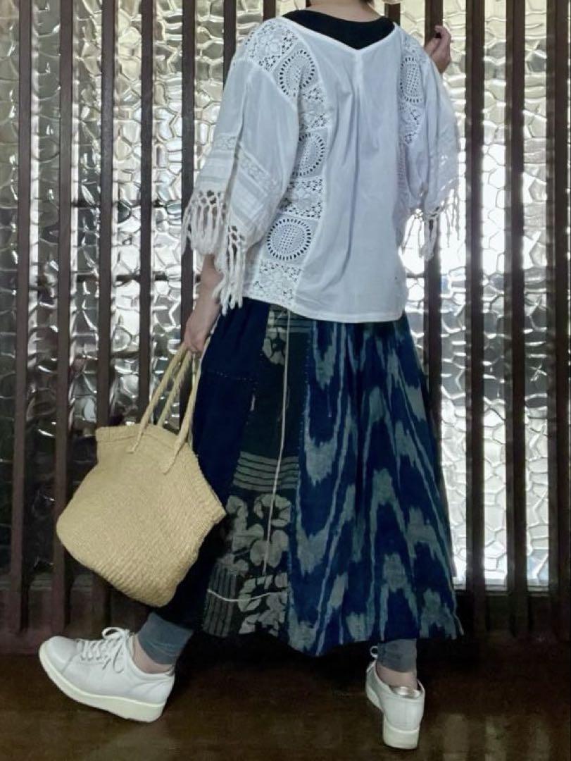 ⭐️古布・藍染木綿絣の襤褸×タックスカート