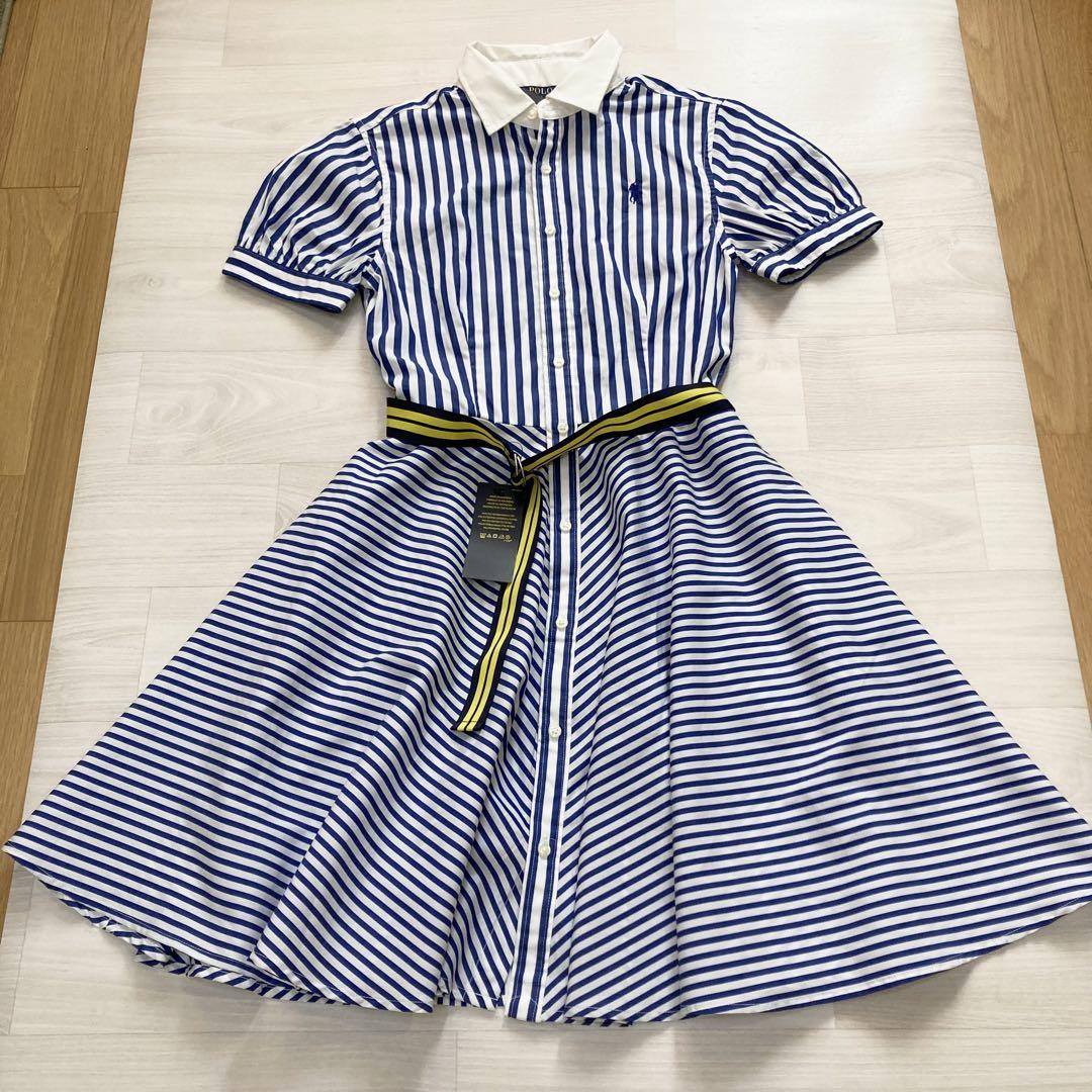 *RALPH LAUREN* ワンショルダーワンピース ストライプ Aライン ストライプド ベルテッド リネン Aライン シャツドレス