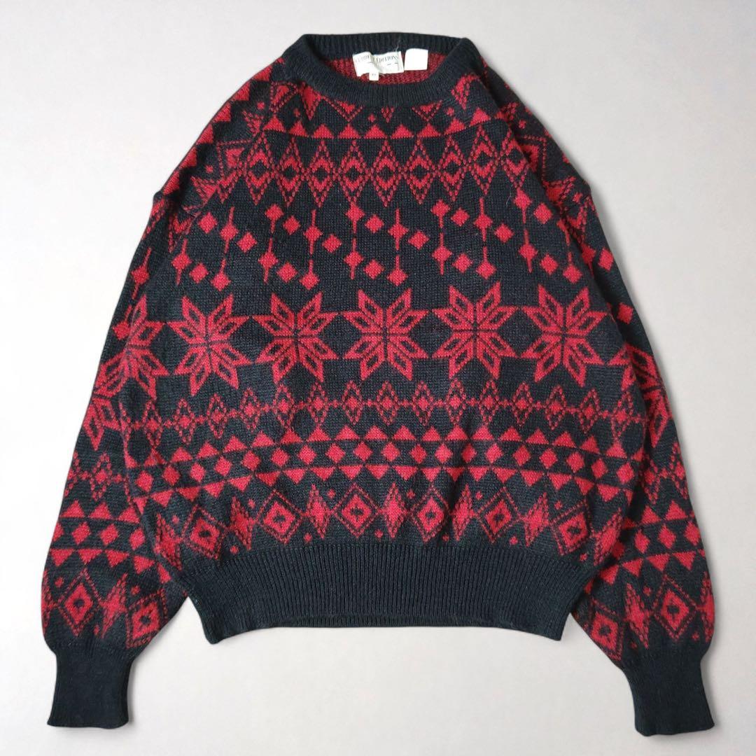 ヴィンテージ　ニット　ジャガード織り　ノルディック柄　赤　黒　フェアアイル柄