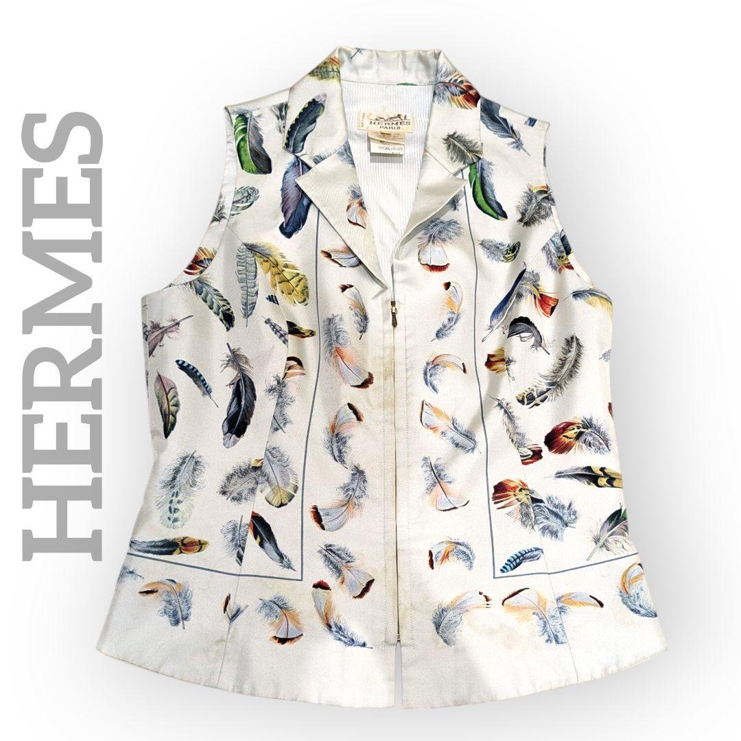 【エルメス】HERMES ジレ ベスト シルク フェザー柄 サイズ40