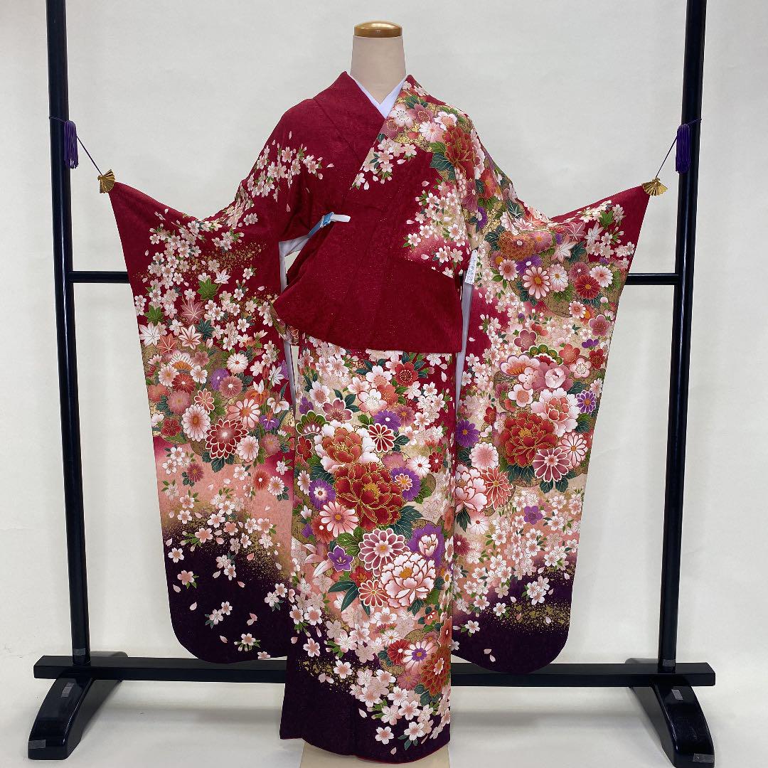 爆買い安いⅶ 振袖 刺繍入り 裄67cm 成人式 D-36 KmYiE-m87168008381 正絹 赤 桜 花柄 超特価通販