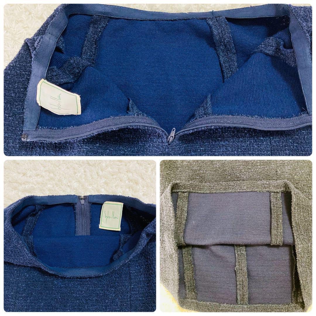 ★美品★シビラ★スカートスーツ★ツイード★ノーカラージャケット★ネイビー★M