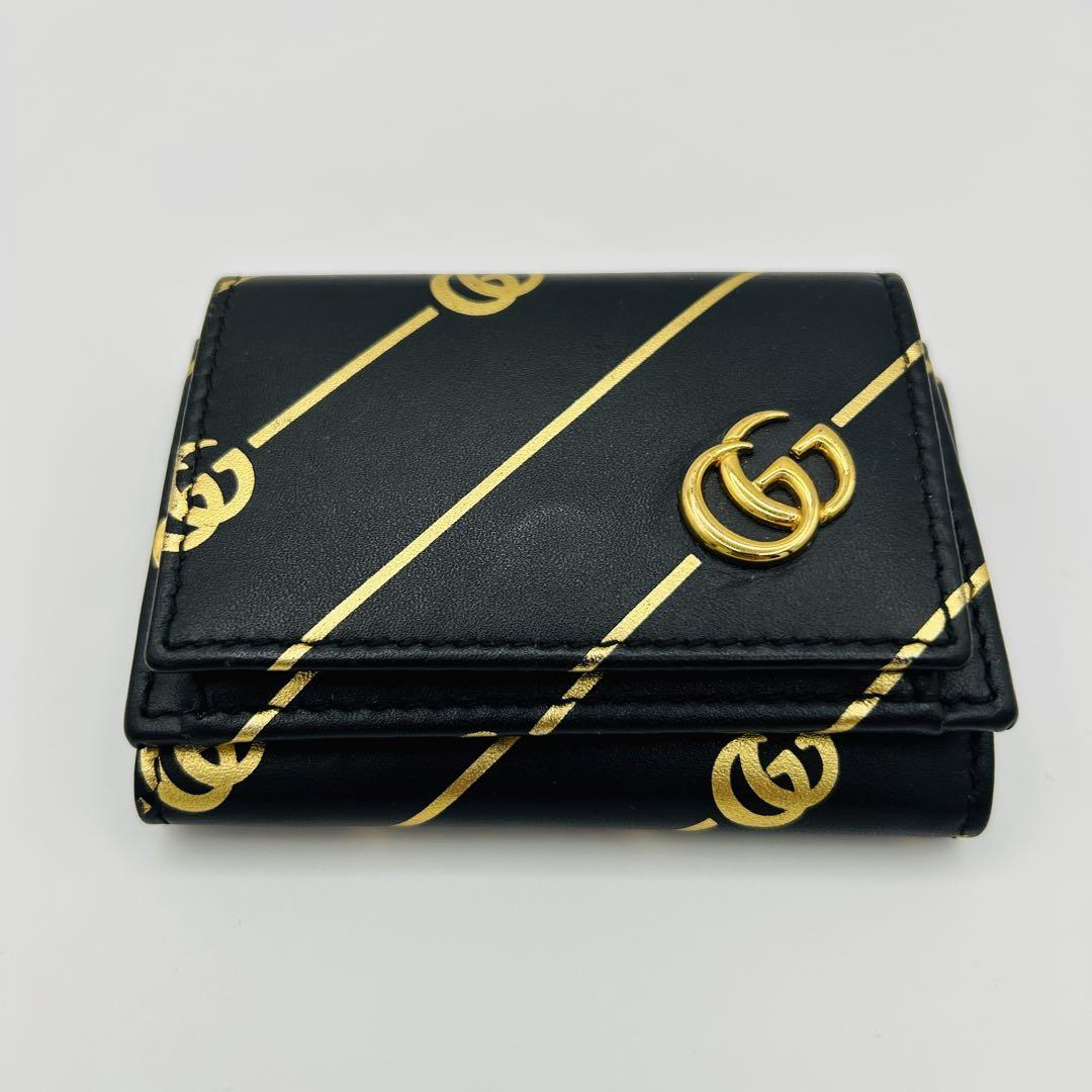 【美品・箱付】GUCCI グッチ　三つ折り財布　マーモント　GG 黒　金