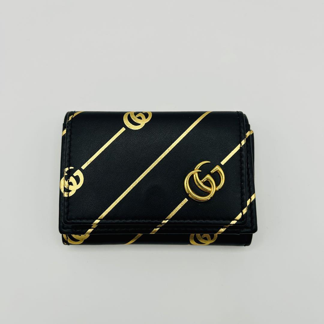 【美品・箱付】GUCCI グッチ　三つ折り財布　マーモント　GG 黒　金