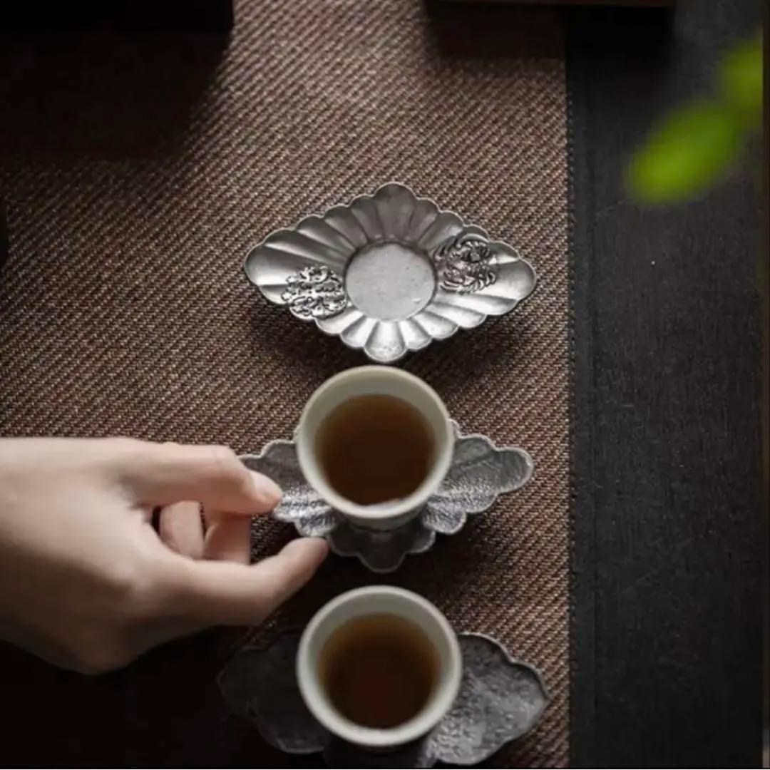 菱花の錫茶托シノワズリ中国茶器ルボンボン台湾茶道具コースター茶杯茶盤茶盆茶巾仕覆