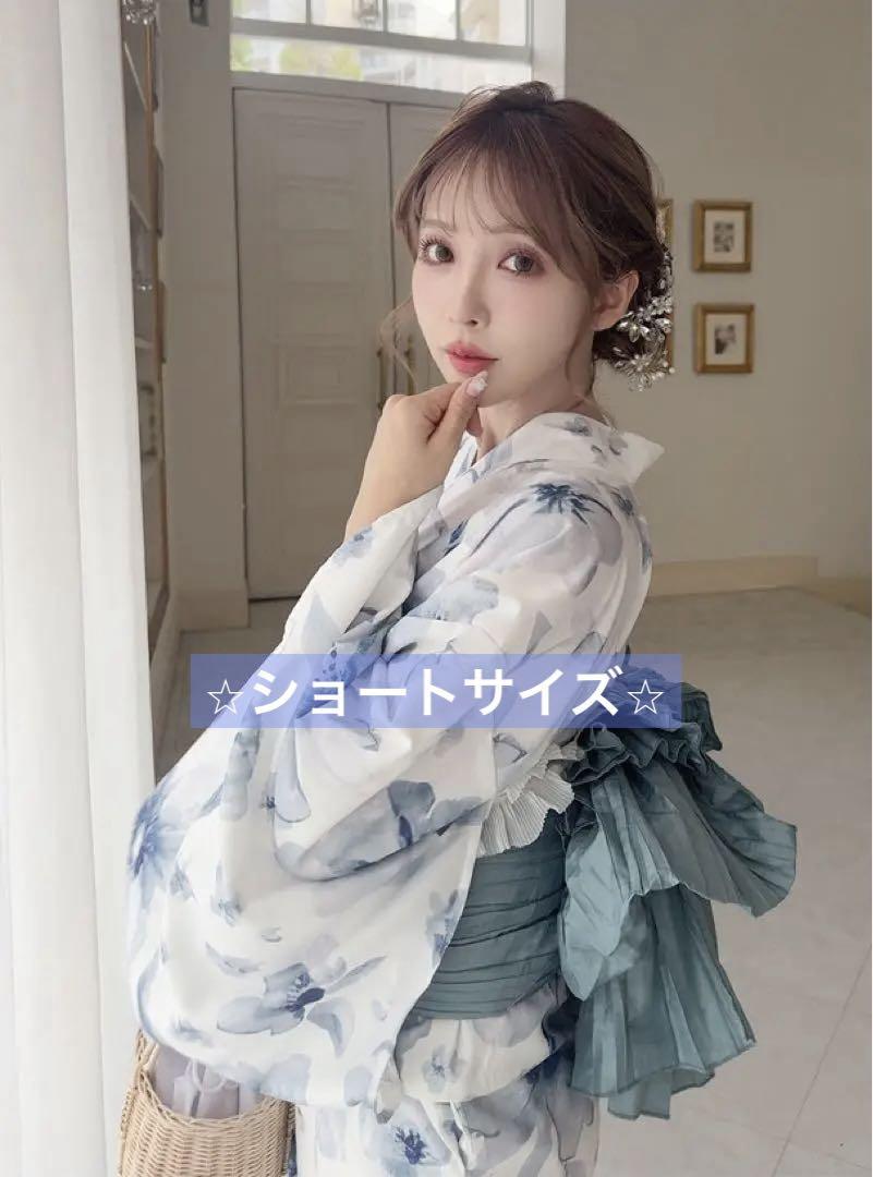 水彩花柄浴衣セット② 3点セット　2way ワンピース　兵児帯　ブルー　大人花柄