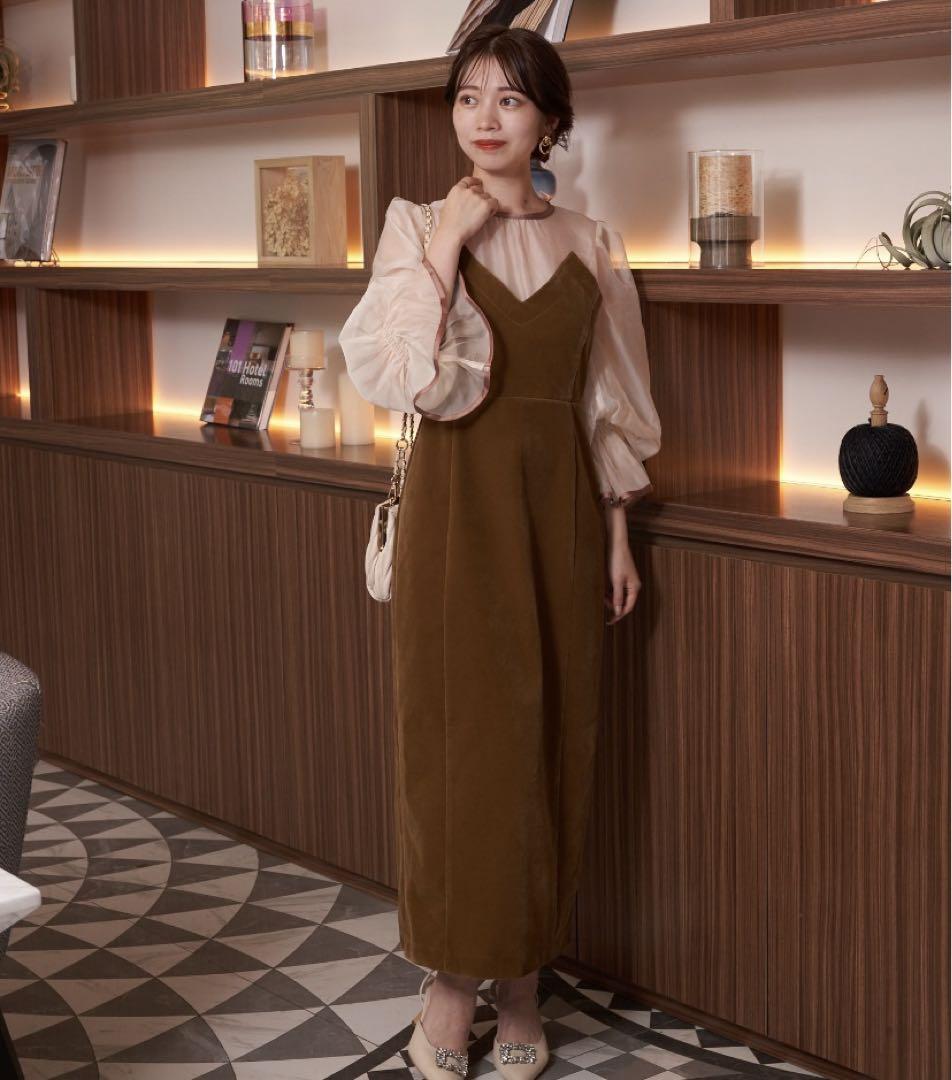 chicoチコ♡配色シースルータイトロングドレス　キャメル