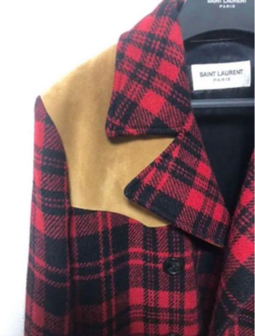14AW サンローラン スエード切替 チェック柄 Pコート - メルカリ
