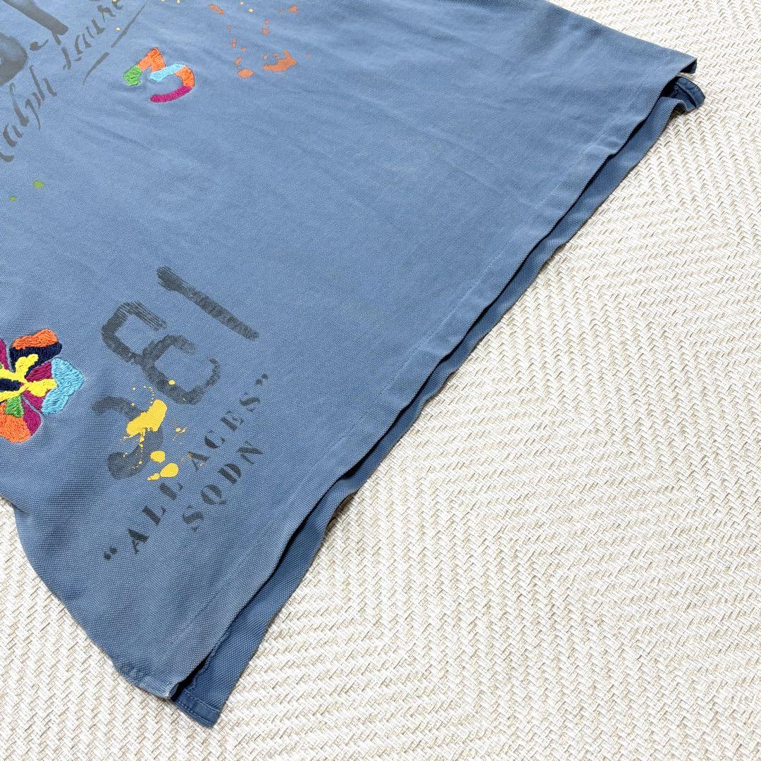ポロラルフローレン　ポロシャツ　ポニー刺繍　トロピカル　ヴィンテージ加工　青　L