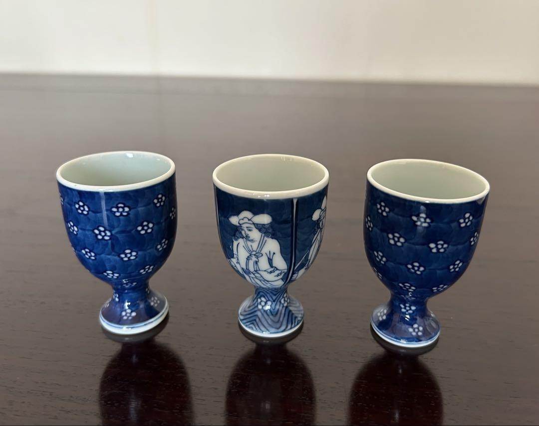 源右衛門　染付梅地紋　リキュール　高台杯 3客