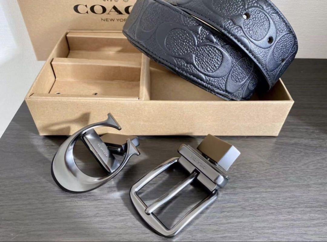 COACH メンズベルト、ブラック、レザー、フリーサイズ、ビジネス回転式バックル