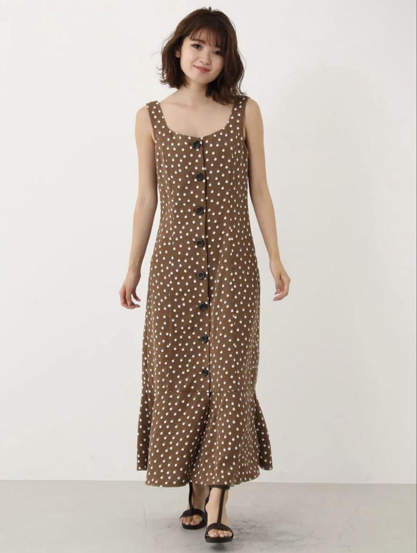 【美品】rienda フロントボタンドットマキシワンピース